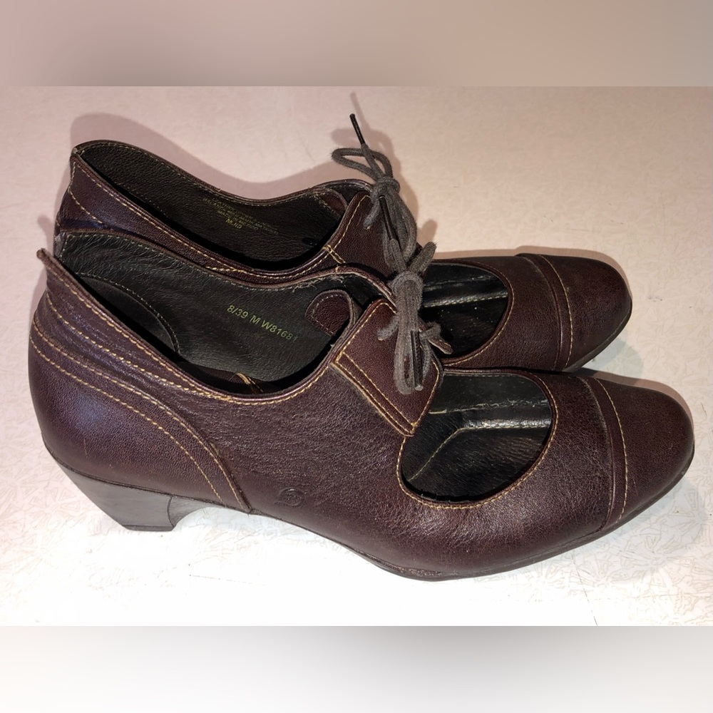 Born Dark Brown Leather Lace Up Mary Jane Heels
